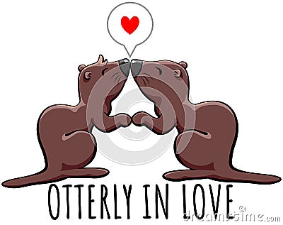 Otterly in love - cute otters holding hands and kissing Vector Illustration